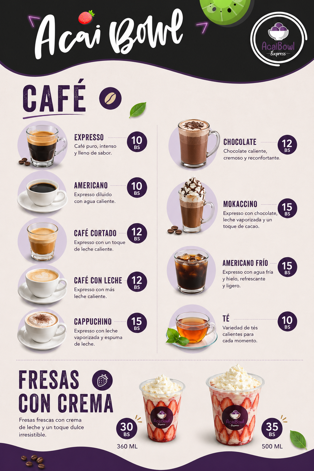 Café y fresas con crema del menú