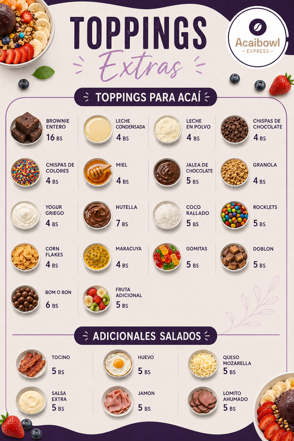 Toppings y extras del menú